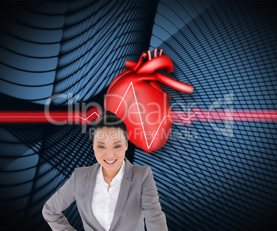 Composite image of smiling asian businesswoman pointing