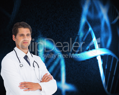 Composite image of serious doctor with arms crossed