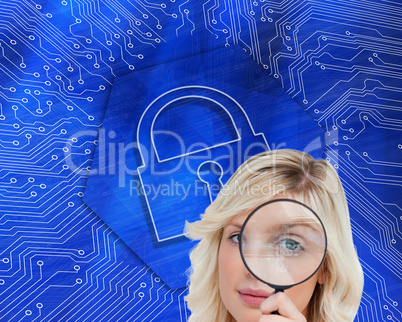 Composite image of fair-haired woman looking through a magnifyin