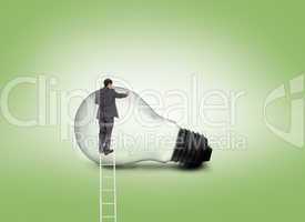 Composite image of businessman standing on ladder