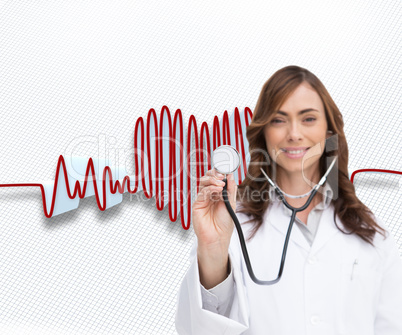 Composite image of happy doctor using stethoscope