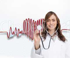 Composite image of happy doctor using stethoscope