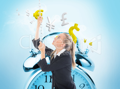 Composite image of businesswoman pulling a chain