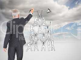 Composite image of rear view of serious businessman standing and