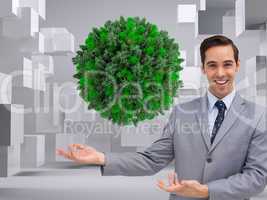 Composite image of young businessman presenting something