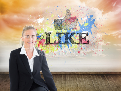 Composite image of young businesswoman sitting on ground