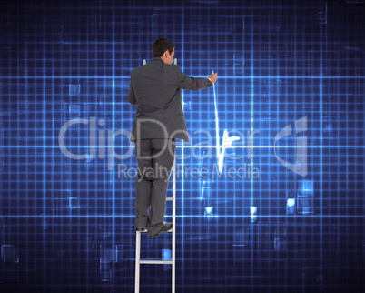 Composite image of businessman standing on ladder