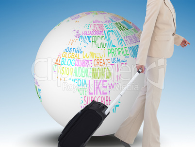 Composite image of serious businesswoman pulling suitcase