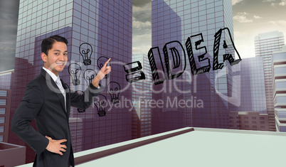 Composite image of smiling asian businessman pointing