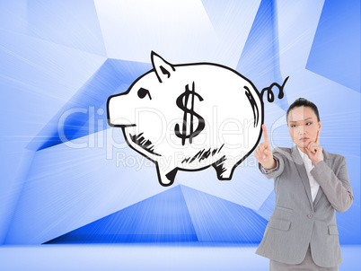 Composite image of thoughtful asian businesswoman pointing