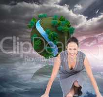 Composite image of smiling gorgeous woman getting ready for depa