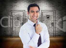 Composite image of smiling businessman holding glasses