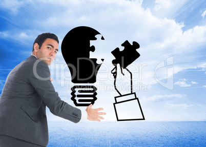 Composite image of unsmiling businessman catching