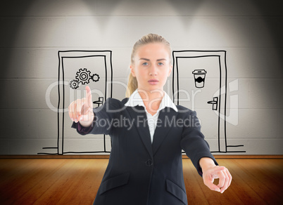 Composite image of businesswoman pointing somewhere