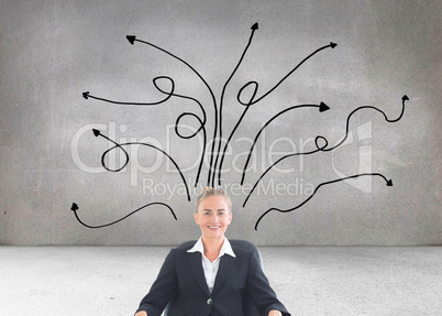 Composite image of businesswoman sitting on swivel chair in blac