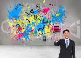 Composite image of smiling asian businessman pointing