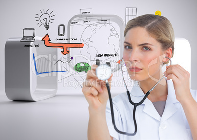 Composite image of serious nurse listening with stethoscope