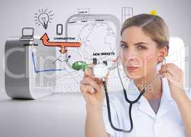 Composite image of serious nurse listening with stethoscope