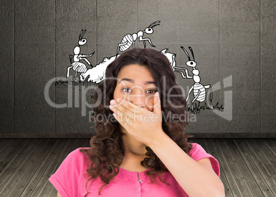 Composite image of brown haired woman being shocked