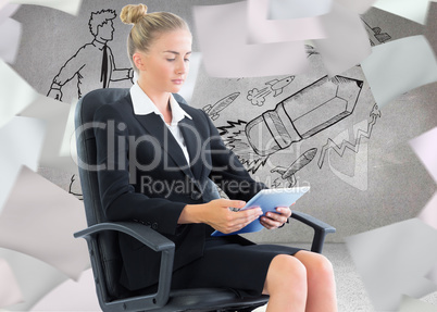 Composite image of businesswoman sitting on swivel chair with ta