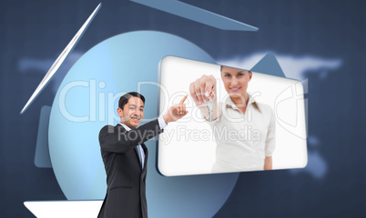 Composite image of smiling asian businessman pointing