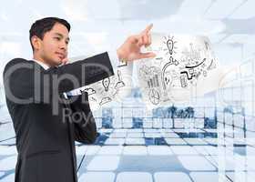 Composite image of thoughtful asian businessman pointing