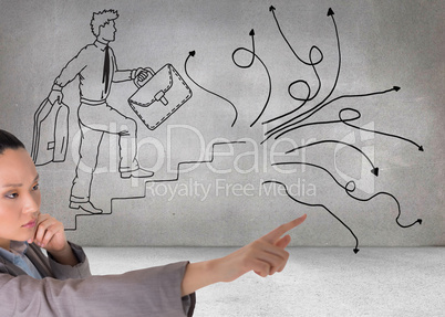 Composite image of thoughtful asian businesswoman pointing