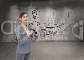 Composite image of curious young businesswoman with binoculars