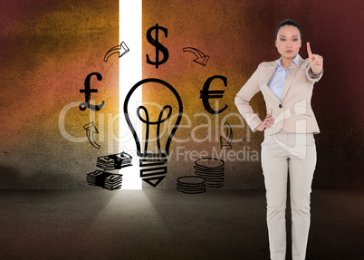 Composite image of unsmiling asian businesswoman pointing