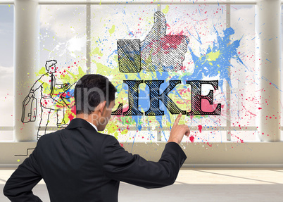 Composite image of unsmiling asian businessman pointing