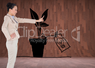Composite image of smiling asian businesswoman pointing