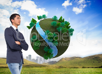 Composite image of unsmiling casual businessman with arms crosse