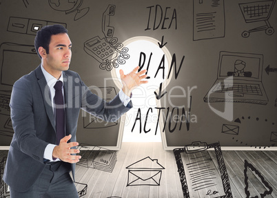 Composite image of unsmiling businessman catching