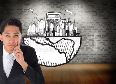 Composite image of thoughtful asian businessman pointing