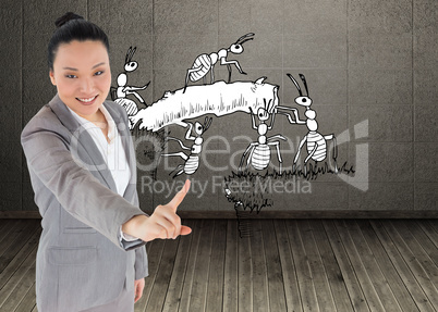 Composite image of smiling asian businesswoman pointing