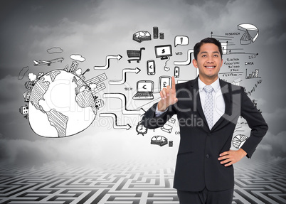 Composite image of smiling asian businessman pointing