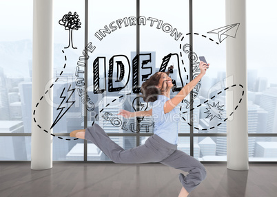 Composite image of happy classy businesswoman jumping while hold