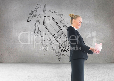 Composite image of businesswoman holding pink piggy bank