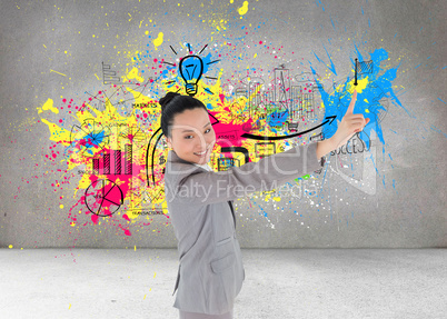 Composite image of smiling asian businesswoman pointing