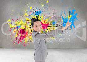 Composite image of smiling asian businesswoman pointing