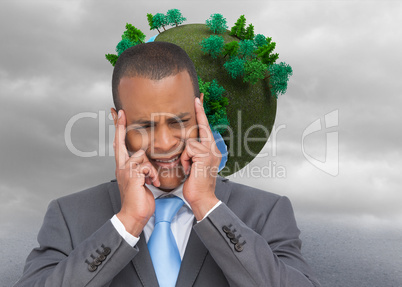 Composite image of stressed businessman putting his fingers on h