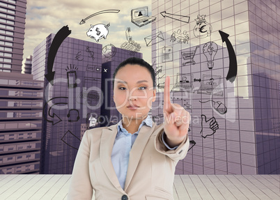 Composite image of unsmiling asian businesswoman pointing