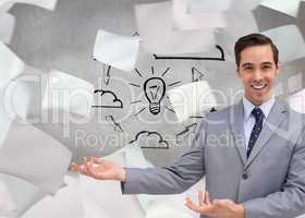 Composite image of young businessman presenting something