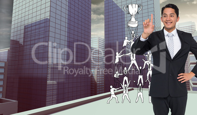 Composite image of smiling asian businessman pointing