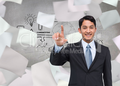 Composite image of smiling asian businessman pointing