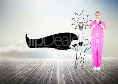 Composite image of confident young female surgeon holding a stet