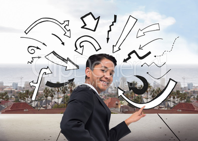 Composite image of smiling asian businessman pointing