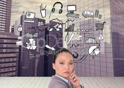 Composite image of thoughtful asian businesswoman pointing