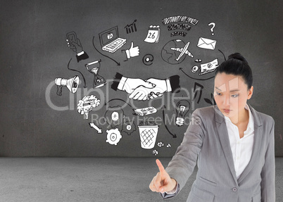 Composite image of unsmiling asian businesswoman pointing