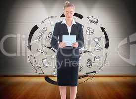 Composite image of businesswoman holding new tablet